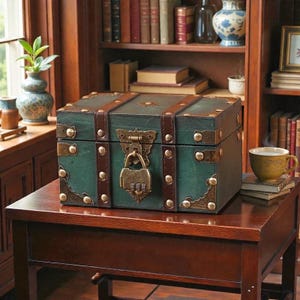 May include: A vintage-style green wooden chest with brown leather straps and brass hardware. The chest has a lock and decorative corner accents. It sits on a dark wooden table, with a bookshelf and other decor in the background.
