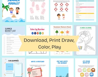 Kids Summer Activity booklet: 20 Printable Coloring Pages & Games (Digital Download)