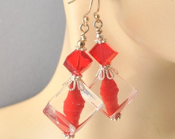 Red Venetian Murano Glass Cubes, Silver and Siam Red Swarovski Crystal Earrings