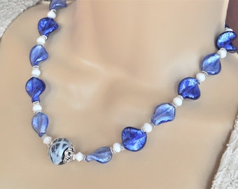 Sapphire Blue Venetian Murano Glass, Crystal and Silver Necklace and Earrings Set