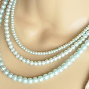 Pale Blue Swarovski Glass Pearl and Silver Multistrand Necklace and Earring Set - Bridal