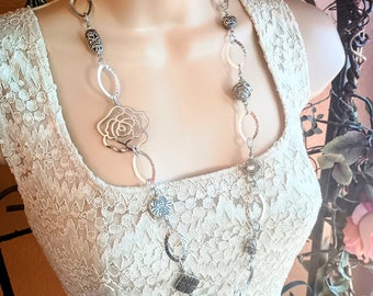 Long Silver Necklace and Earring Set