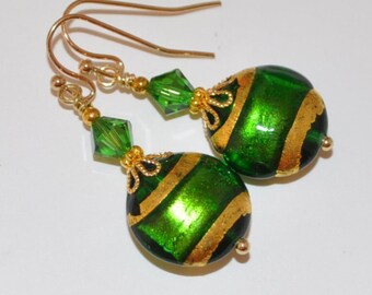 Green and Gold Venetian Murano Glass, Fern Green Swarovski Crystal and Gold Earrings