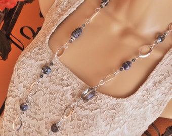 Denim Blue Crystal, Lapis, Ceramic and Silver Extra Long Elegant Necklace and Earring Set