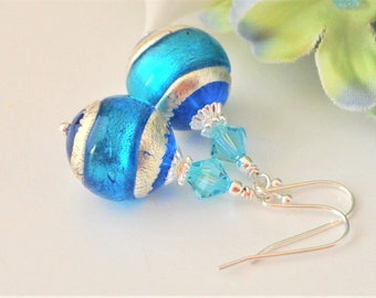 Blue and Silver Venetian Murano Glass Earrings with Silver and Aqua Blue Swarovski Crystals