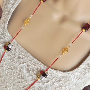 Red, Gold, Black and Silver Venetian Murano Glass Seed Bead Extra Long Necklace and Earring Set image 3