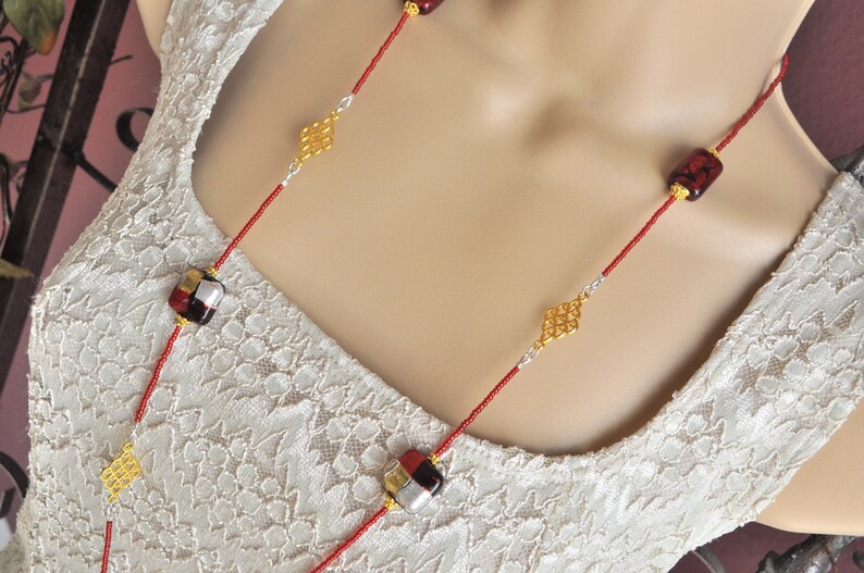 Red, Gold, Black and Silver Venetian Murano Glass Seed Bead Extra Long Necklace and Earring Set image 3