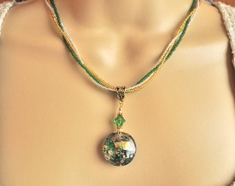 Emerald Green, Silver, Gold and Aventurine Venetian Murano Glass Bead, Three Strand Seed Bead Pendant Necklace and Earring Set