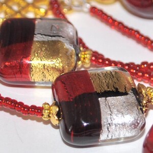 Red, Gold, Black and Silver Venetian Murano Glass Seed Bead Extra Long Necklace and Earring Set image 6