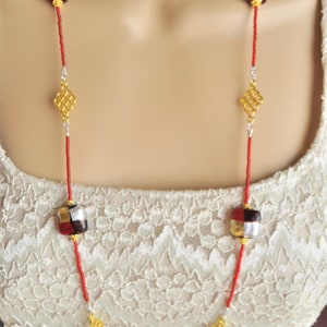 Red, Gold, Black and Silver Venetian Murano Glass Seed Bead Extra Long Necklace and Earring Set image 4