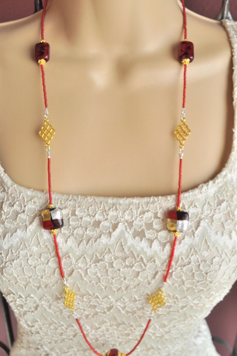 Red, Gold, Black and Silver Venetian Murano Glass Seed Bead Extra Long Necklace and Earring Set image 4