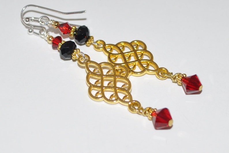 Red, Gold, Black and Silver Venetian Murano Glass Seed Bead Extra Long Necklace and Earring Set image 8