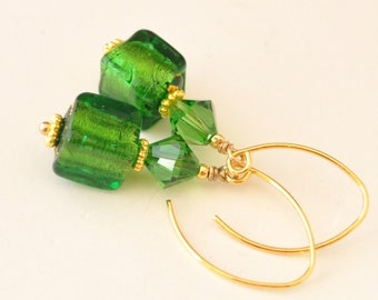 Emerald Green Venetian Murano Glass Twist Leaf Beads,  Green Swarovski Crystal and Gold Earrings