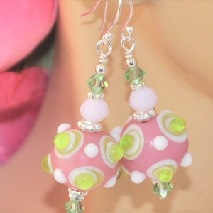 Pink and Green Murano Glass Earrings with Opaque Pink and Perridot Green Swarovski Crystals
