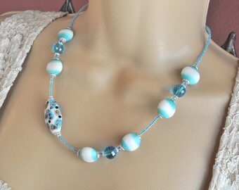 Venetian Murano Glass Bead Necklace Earring Set: Aqua Blue & White