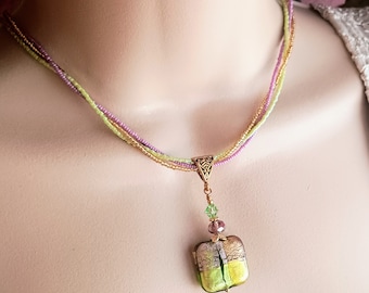 Venetian Murano Glass Beads, Amethyst, Green, Purple and Gold Seed Bead Necklace and Earring Set