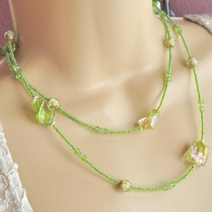 Chartreuse Lime Green Venetian Murano Glass and Light Green Seed Bead Long Necklace and Earring Set