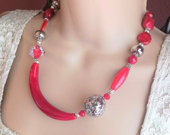 Red Venetian Murano Glass, Red Coral, Crystal and Silver Necklace and Earring Set