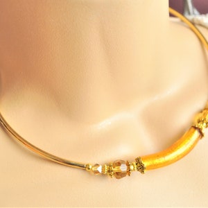 Venetian Gold Macaron Lampwork Bead, Gold Curved Bar and Topaz Crystal Choker Necklace and Earring Set