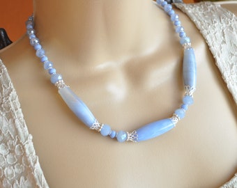 Blue Lace Agate Oval Gemstones, Blue Opal Crystals and Silver Necklace and Earring Set