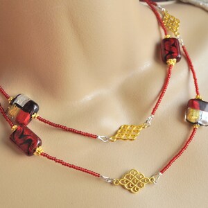 Red, Gold, Black and Silver Venetian Murano Glass Seed Bead Extra Long Necklace and Earring Set image 7