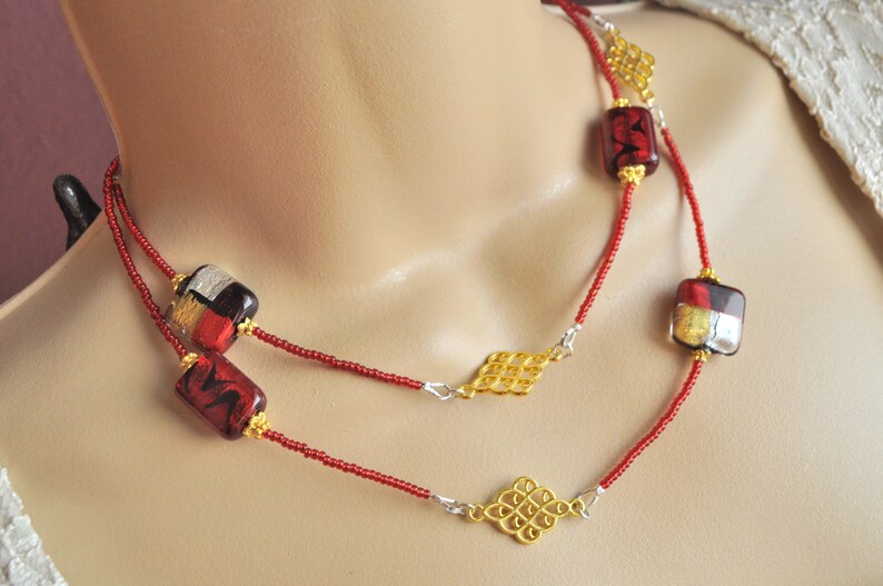 Red, Gold, Black and Silver Venetian Murano Glass Seed Bead Extra Long Necklace and Earring Set image 7