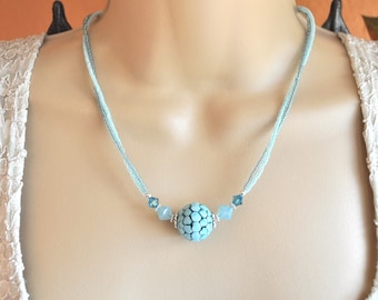 Light Aqua Blue Venetian Murano Glass and Dual Strand Seed Bead Necklace and Earring Set