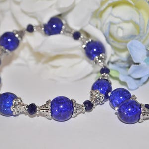 Dark Sapphire Blue Crackle Glass, Silver and Cobalt Blue Crystal Bracelet and Earring Set