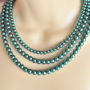 Emerald Green Swarovski Glass Pearl and Silver Multistrand Necklace and Earring Set - Bridal