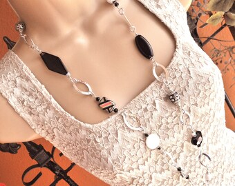 Black, White and Silver Long Elegant Necklace and Earring Set