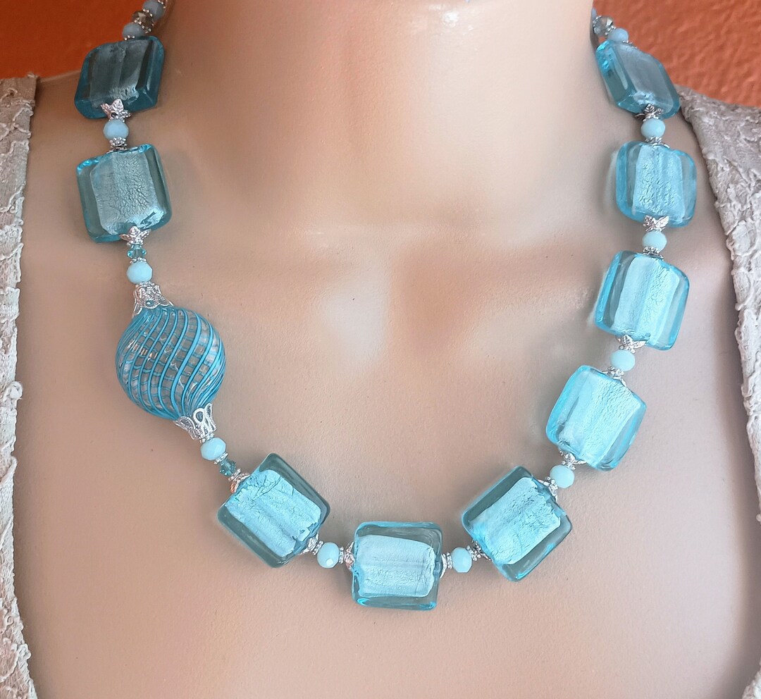 14kt .08pts Dia Aqua Venetian Glass Necklace NZ7121 main image 1