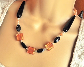 Gold Venetian Murano Glass Beads, Black Onyx and Silver Necklace and Earring Set