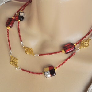 Red, Gold, Black and Silver Venetian Murano Glass Seed Bead Extra Long Necklace and Earring Set image 2