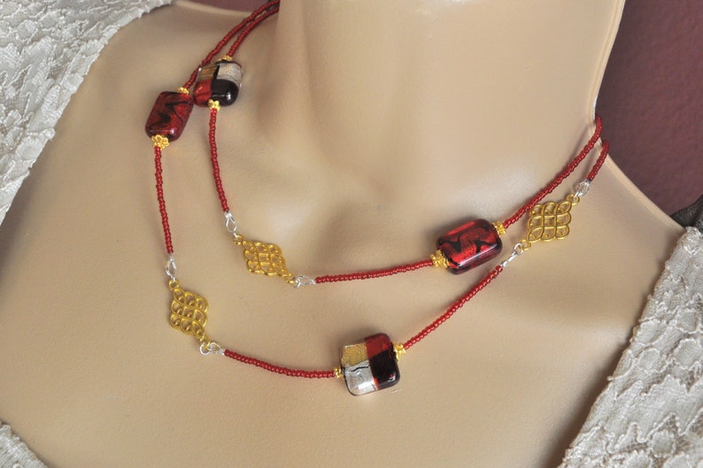 Red, Gold, Black and Silver Venetian Murano Glass Seed Bead Extra Long Necklace and Earring Set image 2