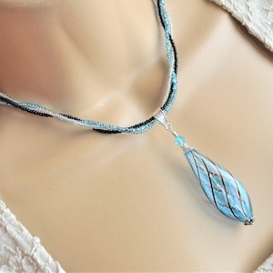 Venetian Murano Blown Glass Pendant and Seed Bead Necklace and Earring Set