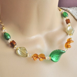 Venetian Murano Glass Twist Beads, Gold and Clear Swarovski Crystal Necklace and Earrings