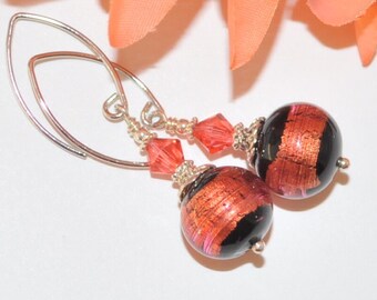 Coral and Black Venetian Murano Glass Beads and Padparadscha Swarovski Earrings