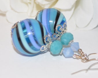 Venetian Murano Glass Blown Bead, Aqua blue and Caribbean Blue Crystal and Silver Earring Set