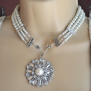 Elegant Triple Strand Glass Pearl and Silver Choker Necklace and Earring Set with Crystal Snowflake Pendant