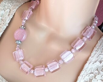 Venetian Murano Glass Pink Square Beads, Blown Bead, Crystals and Silver Necklace and Earring Set