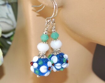 Venetian Blue and Floral Glass Beads, Silver, Blue and Rose Pink Swarovski Crystal Earrings