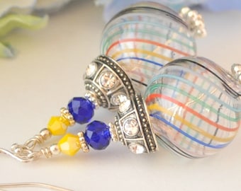 Venetian Murano Glass Blown Bead, Cobalt Blue and Yellow Crystal and Silver Earring Set