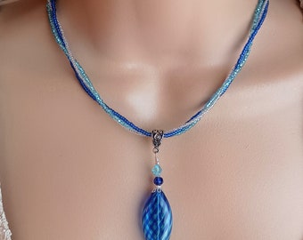 Venetian Murano Glass Blue Puffy Square Pendant, Crystal and Silver Seed Bead Necklace and Earring Set