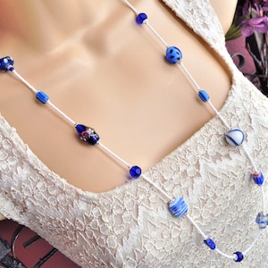 Dark Blue and White Venetian Murano Glass and Silver Long Seed Bead Necklace and Earring Set