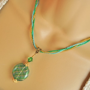 Venetian Murano Glass Blown Bead, Three Strand Seed Bead Pendant Necklace and Earring Set