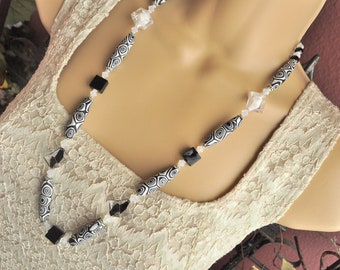 Venetian Murano Glass Black, White and Silver Long Necklace and Earring Set