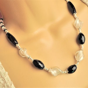 White Twist Venetian Murano Glass Beads, Black Onyx and Silver Necklace and Earring Set