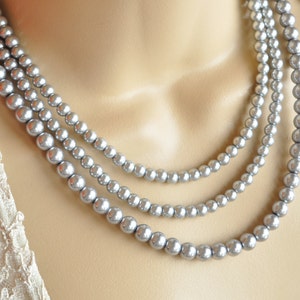 Silver Gray Swarovski Glass Pearl and Silver Multistrand Necklace and Earring Set - Bridal
