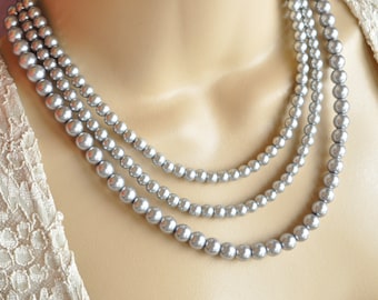 Silver Gray Swarovski Glass Pearl and Silver Multistrand Necklace and Earring Set - Bridal