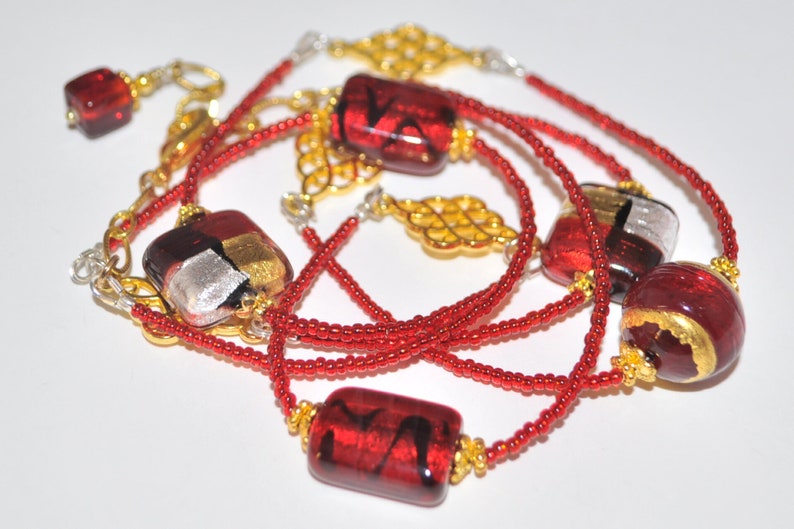 Red, Gold, Black and Silver Venetian Murano Glass Seed Bead Extra Long Necklace and Earring Set image 5